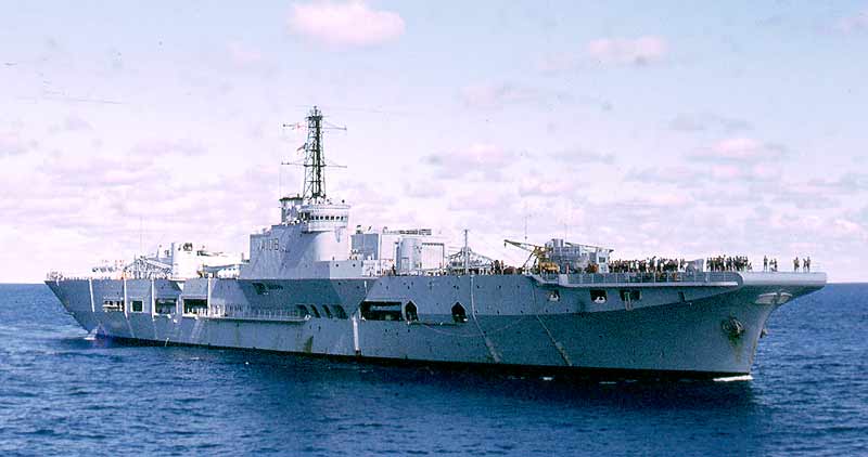 The Royal Navy heavy repair ship HMS Triumph (A108) in the Atlantic in January 1972.