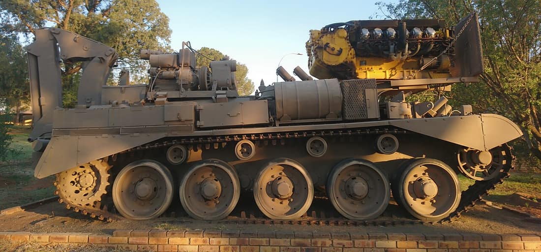 The Comet based Armoured Maintenance Vehicle on display at the South African Armoured Museum. The spare engine for the Olifant Mk1A can be seen on the right above the driver's position.