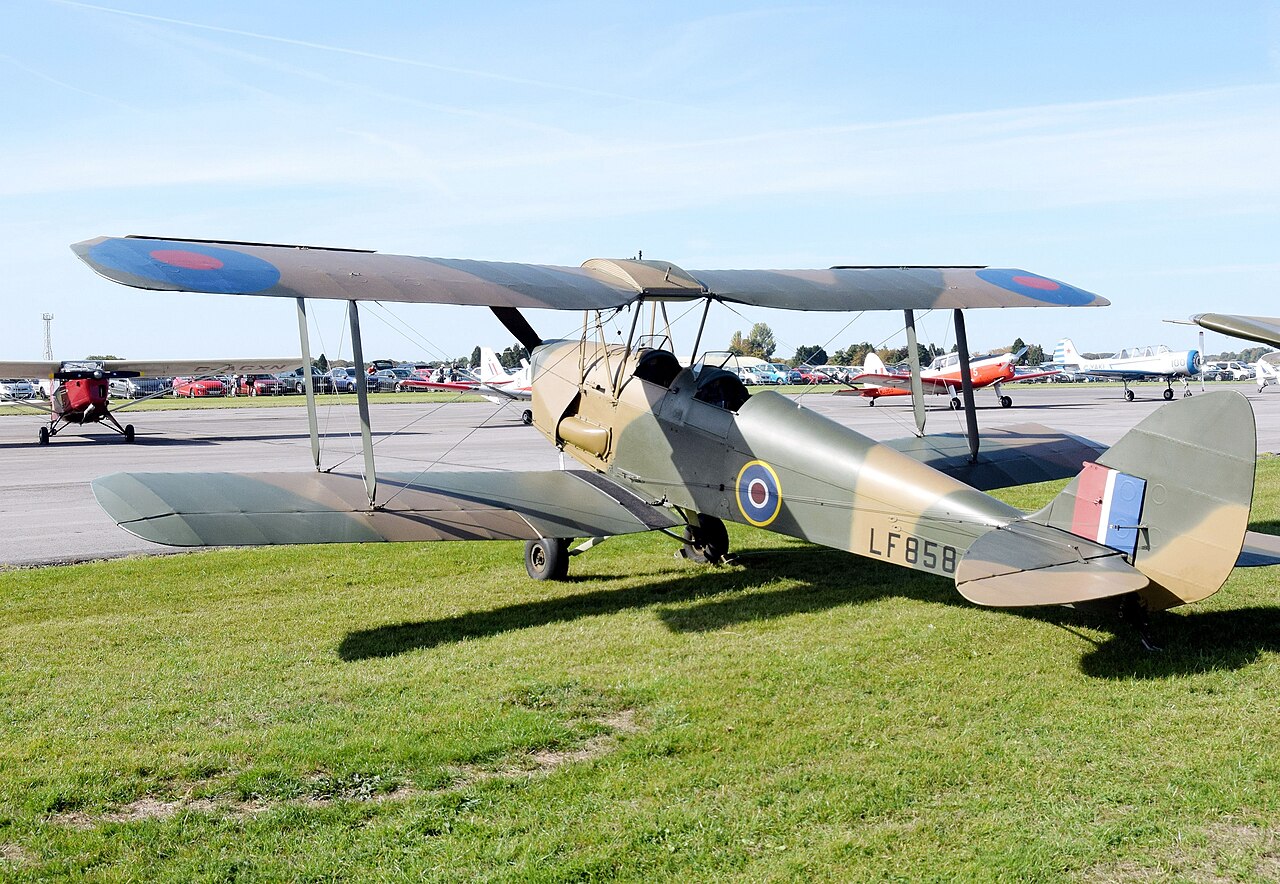 ex-RAF de Havilland DH-82B Queen Bee on static display at the 2018 Cotswold Airport Revival Festival, Gloucestershire, England. Built 1944 in Glasgow as Royal Air Force LF858, now privately owned as G-BLUZ. The fuselage 
