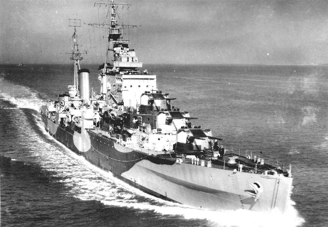 HMS Argonaut in her War (Dazzle) Colours, Date Unknown probably 1943 just after repairs at Philadelphia.