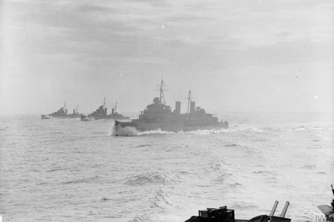 The cruisers : HMS EDINBURGH (Town class cruiser) HMS HERMIONE (Dido class cruiser) HMS EURYALUS (Dido class cruiser) steaming in line abreast whilst they escort a convoy (Operation HALBERD - convoy not visible).