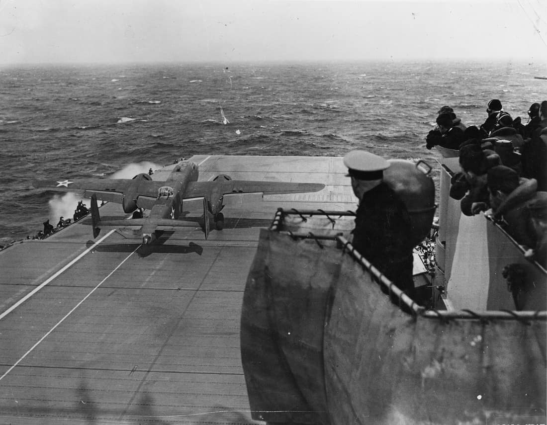 USS HORNET, PACIFIC OCEAN 1942 -- Lt. Col. James "Jimmy" Doolittle performs a full-throttle takeoff from the USS Hornet 650 miles from Japan on a secret mission. The Doolittle Raid, U.S. Army Air Force special order #1 o
