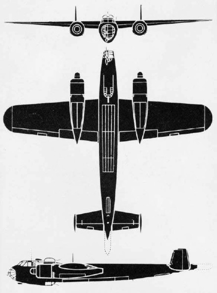 Three-side drawing of German Dornier Do 217E bomber, 1943.