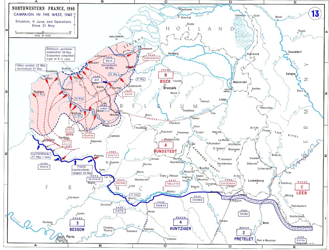 Northwest France, 1940. Situation on 4 June, with operations since 21 May.