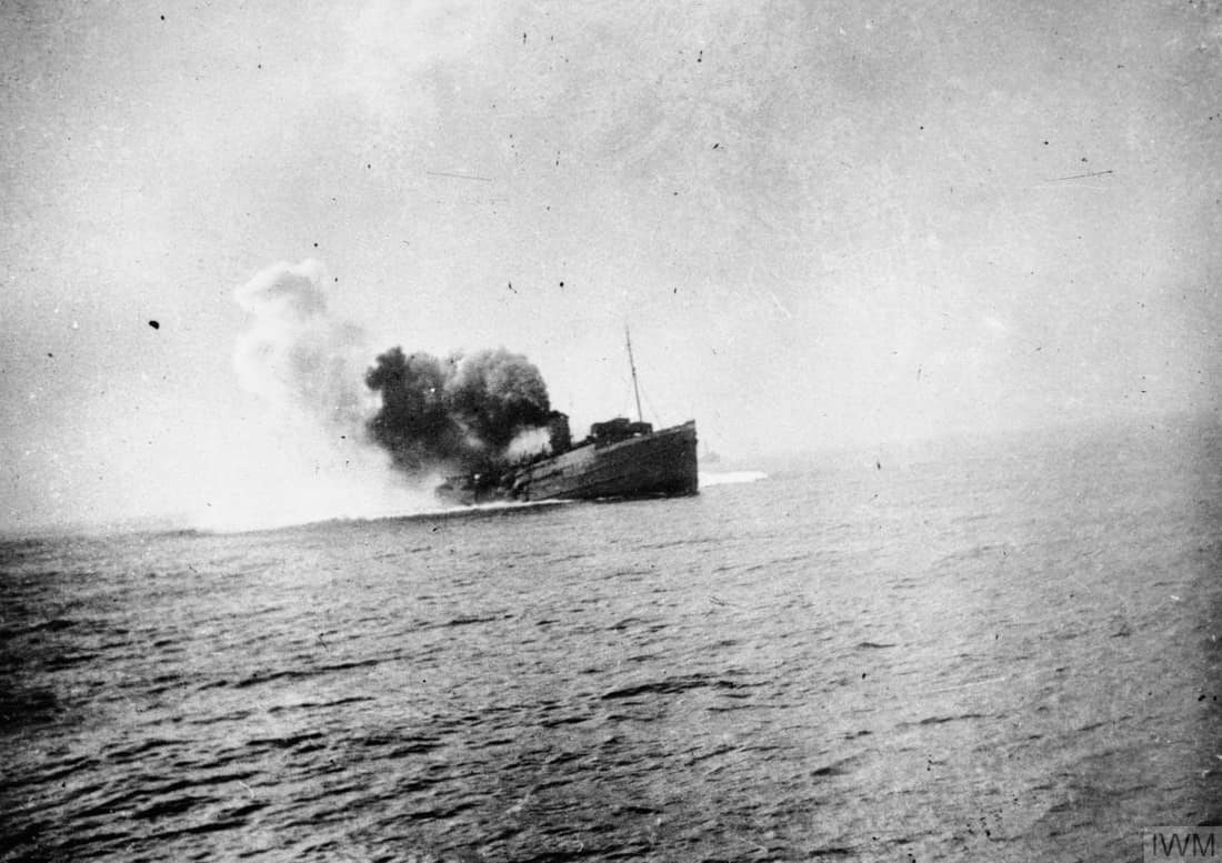 Dunkirk 1940 The Isle of Man steam ferry SS Mona's Queen sinking after striking a mine off Dunkirk, 29 May 1940.