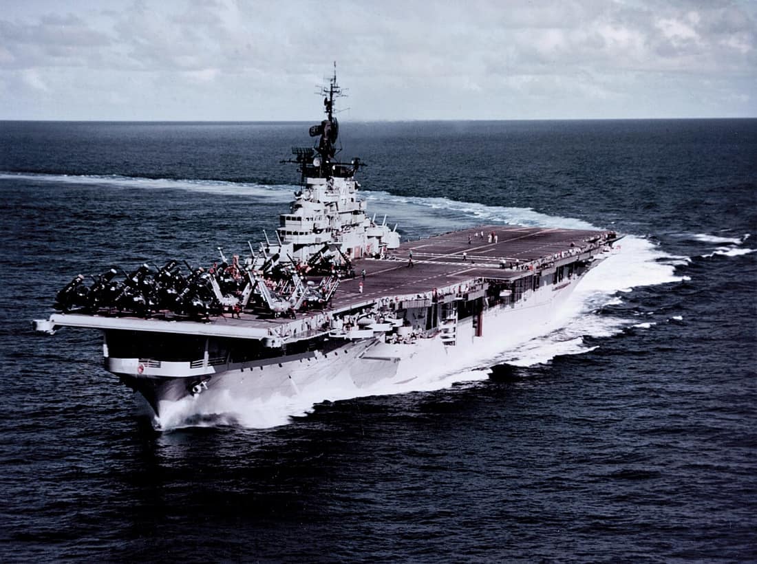 The U.S. Navy aircraft carrier USS Philippine Sea (CVA-47) makes a sharp turn to starboard, while steaming in the Western Pacific with the U.S. Seventh Fleet, 9 July 1955. Philippine Sea, with assigned Air Task Group 2 (