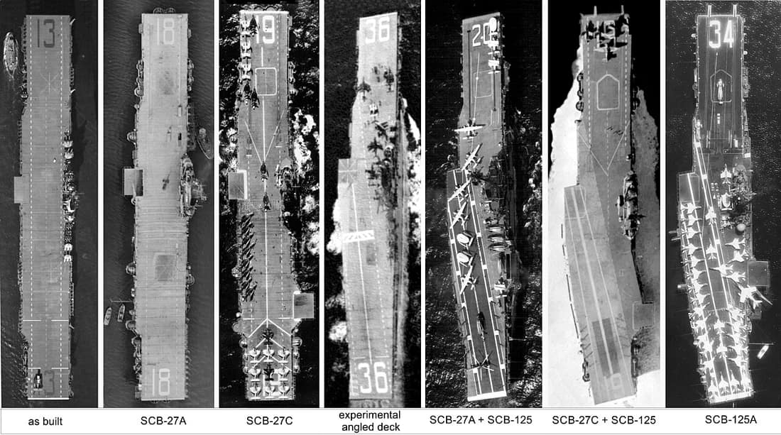 Seven aerial photographs showing the major different modernizations of the U.S. Navy Essex-class aircaft carriers (l-r): USS Franklin (CV-13), a "short hull" type as delivered, 21 February 1944. Franklin, USS Bunker Hill