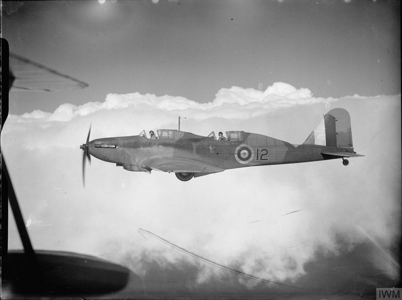 Aircraft of the Royal Air Force 1939-1945- Fairey Battle Battle Trainer, R7365 12, of No. 1 Service Flying Training School based at Netheravon, Wiltshire, in flight.