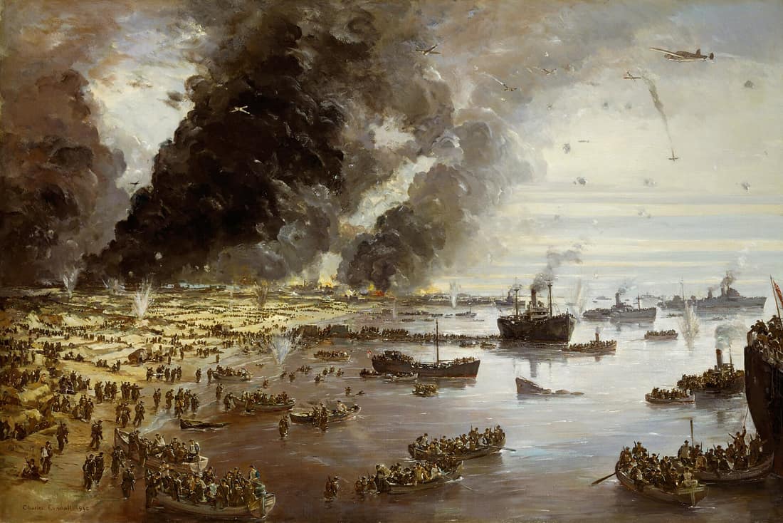The Withdrawal from Dunkirk, June 1940 image: On the left of the painting stretch sand-dunes covered with groups and long lines of khaki-dressed troops. Small boats loaded with troops move out from the sea shore towards 