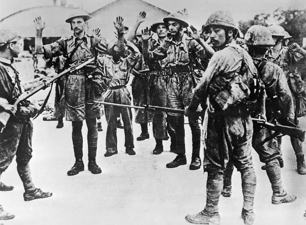 British soldiers taken prisoner by the Japanese in Singapore, during World War II.