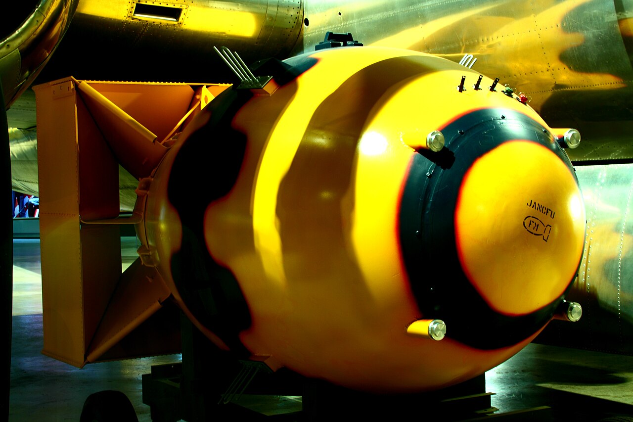 Photograph of the Fat Man atomic bomb replica found in the Wright-Patterson Air Force Museum tour.