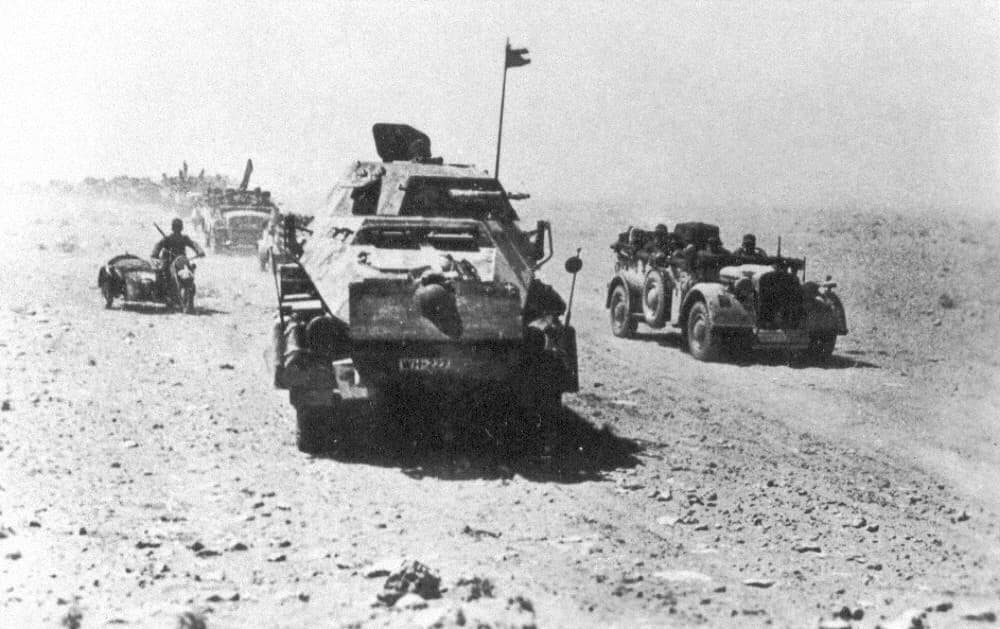 The Panzerjäger-Abteilung 39 (part of "Kampfgruppe Gräf", part of the 21. Panzer Division) of the Afrika Korps on the move. Original caption: "Vormarsch der Panzerjäger-Abteilung 39."