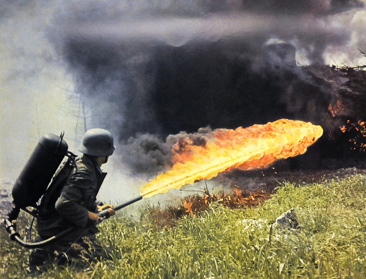A German soldier using a flamethrower in Russia.