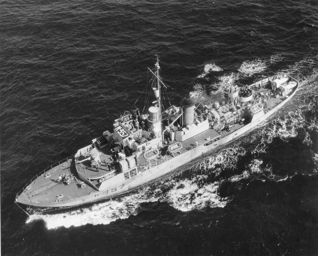Royal Canadian Navy Corvette HMCS Riviere du Loup (K 357) of the eastern Seaboard on November 1, 1944. Photographd by US Navy Blimp