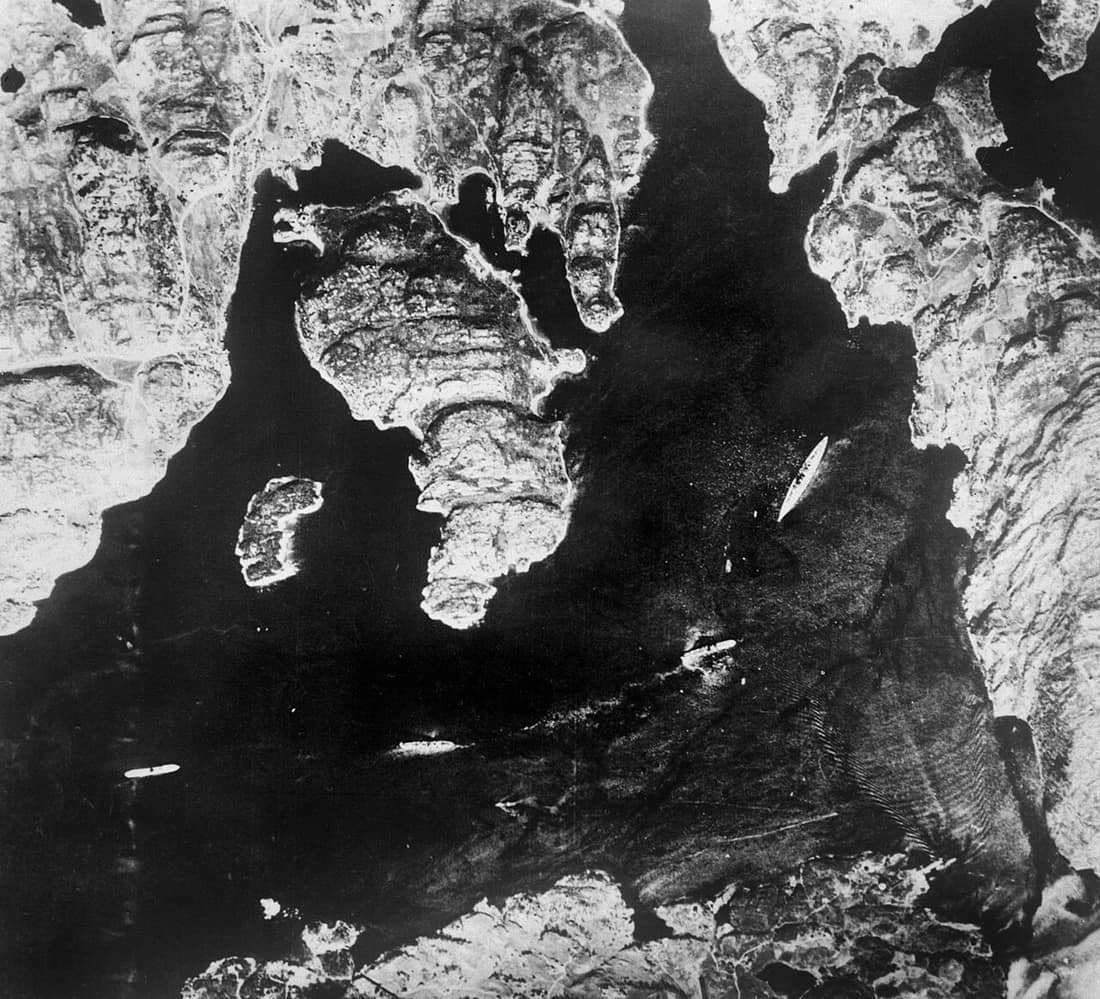 Description: Aerial reconnaissance photograph taken by Flying Officer Michael Suckling on 21 May 1941 in Norway.