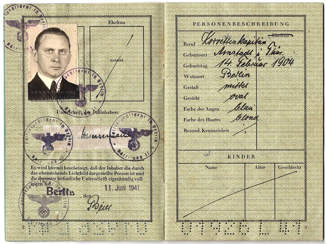 1941 German service passport issued to Kriegsmarine officer Kurt Meusemann who served on the Graf Spee, was captured and later escaped back to Germany.