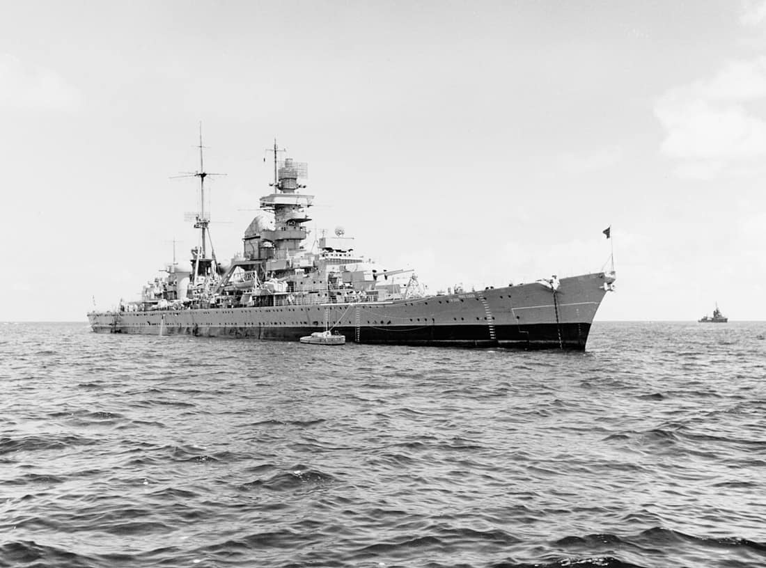 USS Prinz Eugen (IX-300), a former German heavy cruiser, ready for target duty in the operation Crossroads a-bomb tests, 14 June 1946.