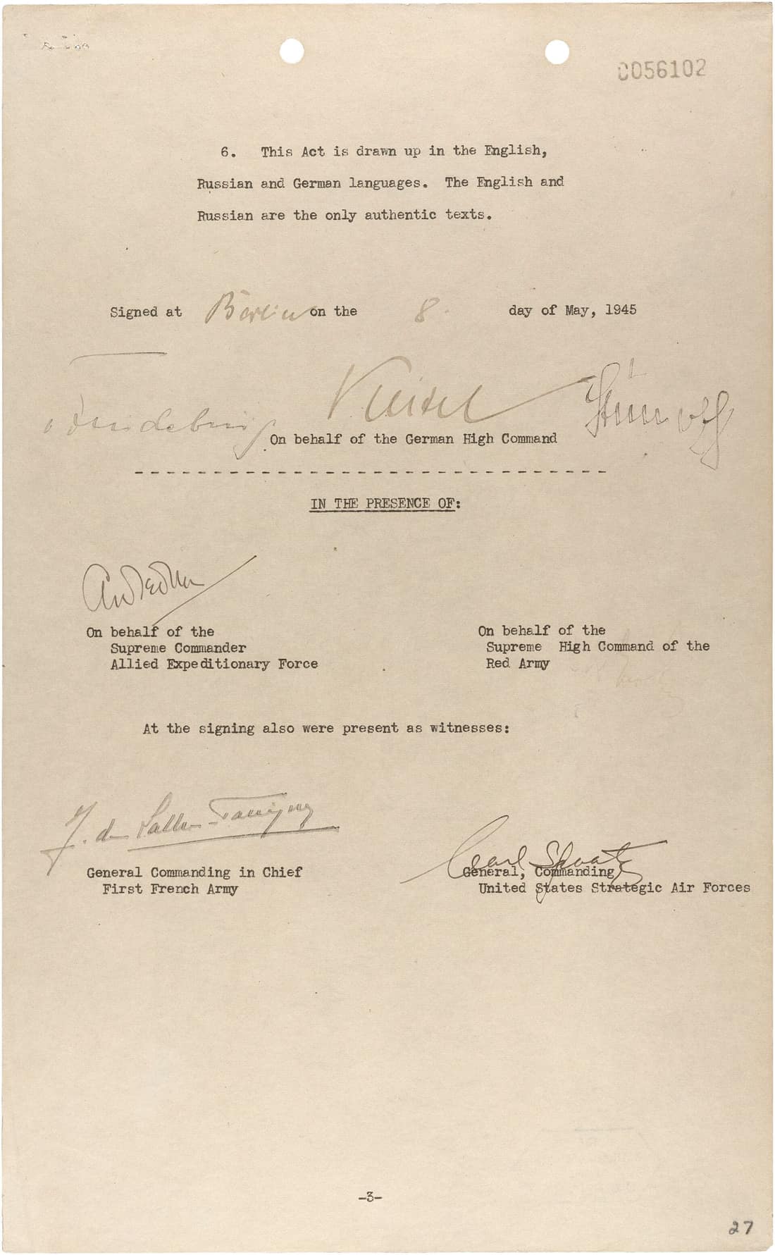 Third page of the German Instrument of Surrender of May 8, 1945 signed at Berlin, Germany. German instrument of unconditional surrender of all German Forces to the Allied Expeditionary Force and the Red Army's Supreme Hi