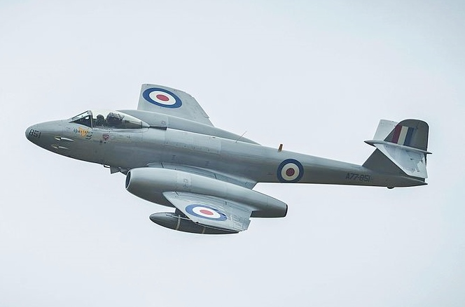 Gloster Meteor F.8 at the Centenary of Military Aviation Airshow, 2014. The last Meteor F.8 in RAF service, s/n VZ467; nickname "Winston" (1 Tactical Weapons Unit RAF). Here it is painted in the Korean War scheme of A77-