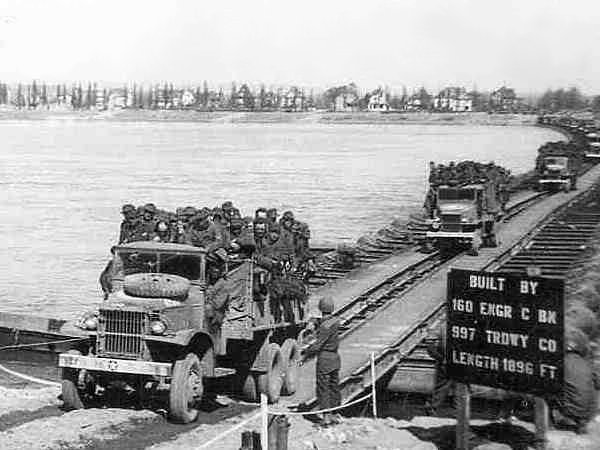 U.S. Army CCKW 2 1/2 ton 6x6 cargo trucks crossing the Rhine River near Mainz, Germany, in late March or April 1945. The U.S. 80th Infantry Division crossed the Rhine river in the vicinity of Mainz starting on 0100 hrs o