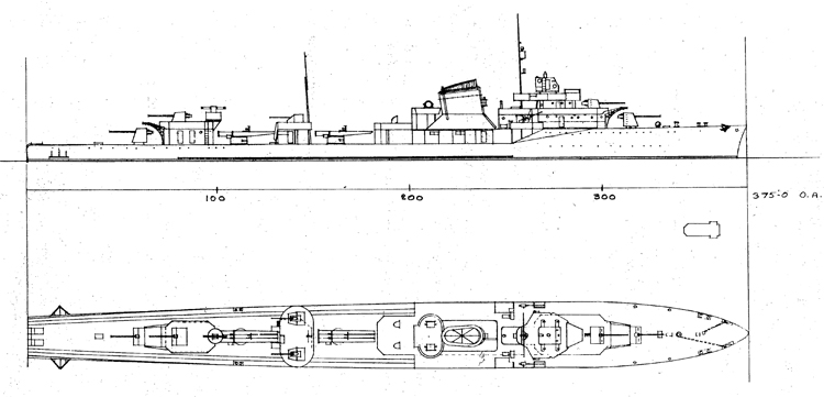 Right elevation and plan of the Gnevy-class destroyer