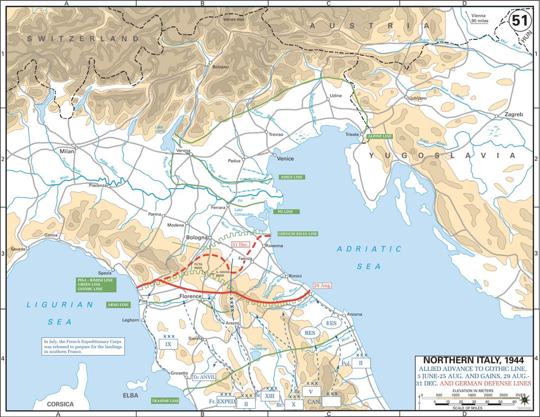 Allied Corp formations are depicted in blue. The German defensive lines are shown in green. The solid red line denotes the extent of the Allied advance by 29 August 1944, and the dotted red line is the extent of the Alli
