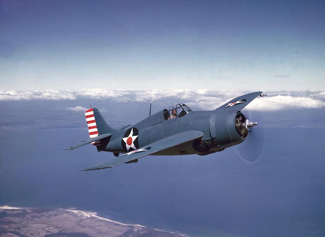 A U.S. Navy Grumman F4F-3 in non-specular blue-grey over light-grey scheme in early 1942. Note modified pitot tube of the later F4F-4 model, moved from the leading edge of the wing to an L-style mount under the wing.