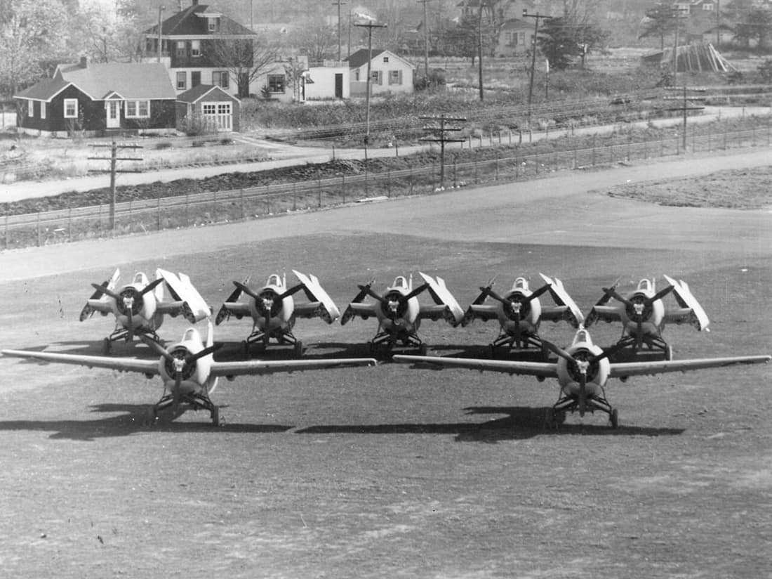 Display of U.S. Navy Grumman F4F-4 Wildcats showing that five with Grumman's "sto-wings" could occupy ther space of two without "sto-wings" (like the F4F-3), thereby increasing the stowage of aircraft and the striking fo