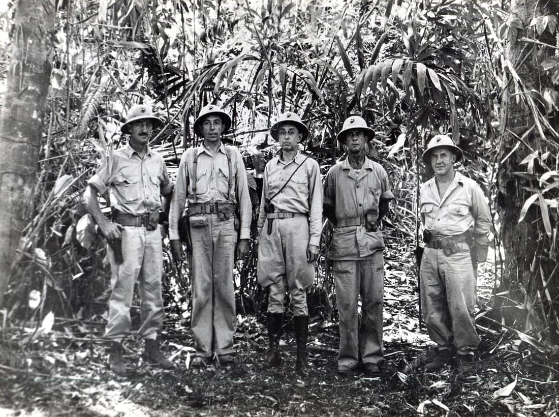 From left to right: Lieutenant colonel Leonard B. Cresswell (1st Battalion), Lieutenant colonel Edwin A. Pollock (Executive Officer 1st Marines), Colonel Clifton B. Cates (Commanding Officer 1st Marines), Lieutenant colo