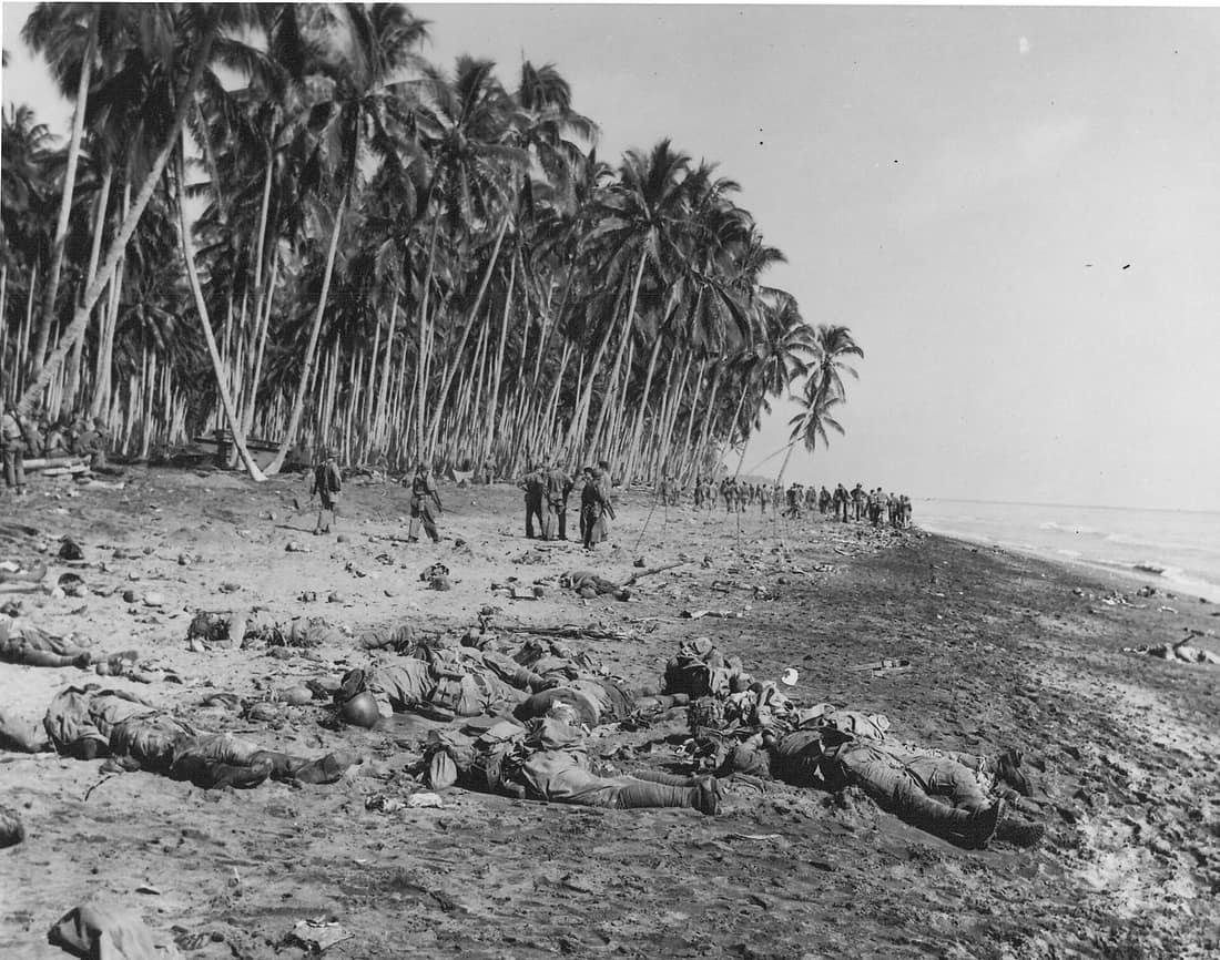 Deceased Japanese soldiers lie on the sandbar at the mouth of Alligator Creek on Guadalcanal on 21 August 1942 after being killed by U.S. Marines during the Battle of the Tenaru.