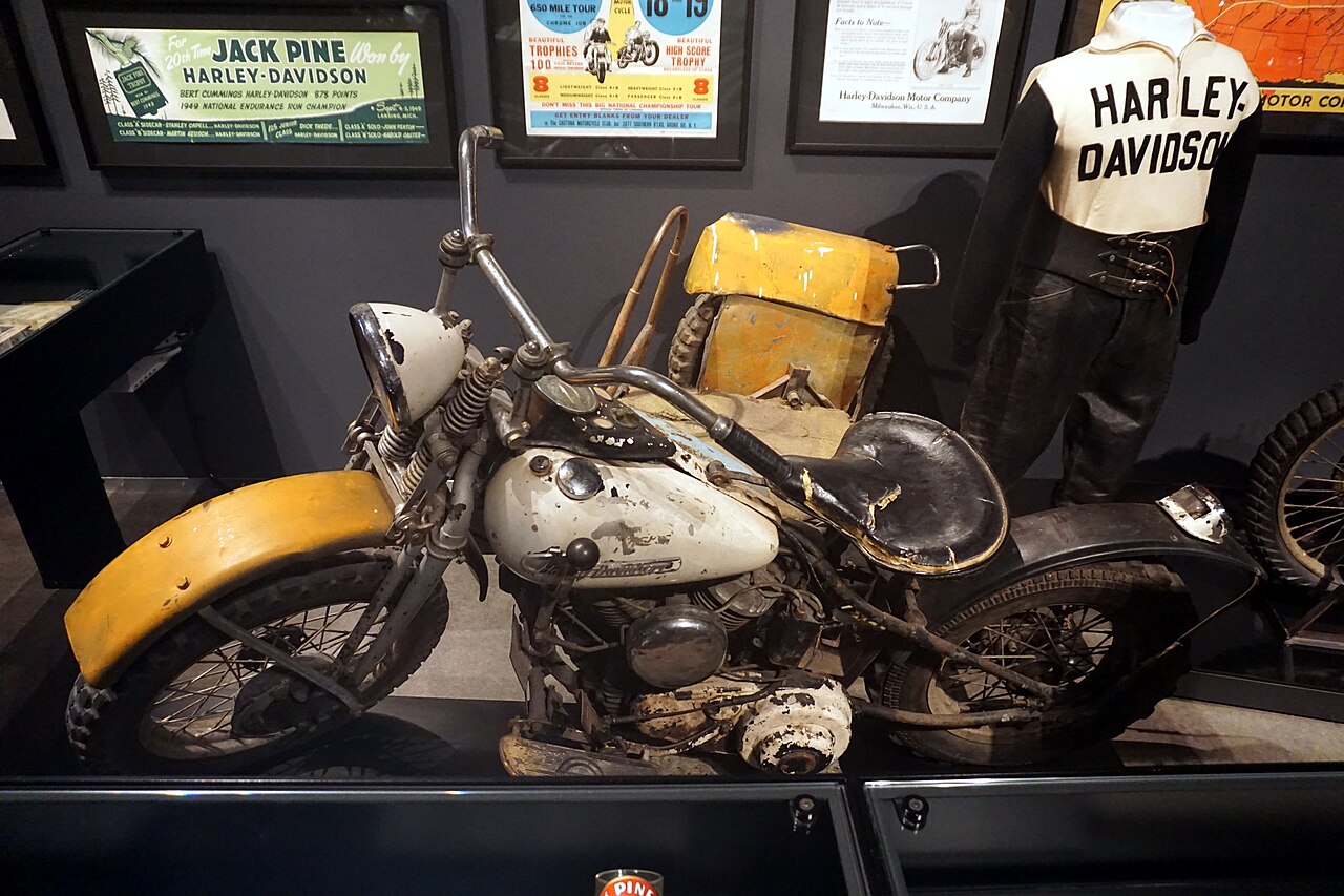 A 1946 Harley-Davidson WLA "Jack Pine" Racer (with a Side-Valve V-Twin engine) in the Clubs and Competition exhibit at the Harley-Davidson Museum in Milwaukee, Wisconsin (United States).