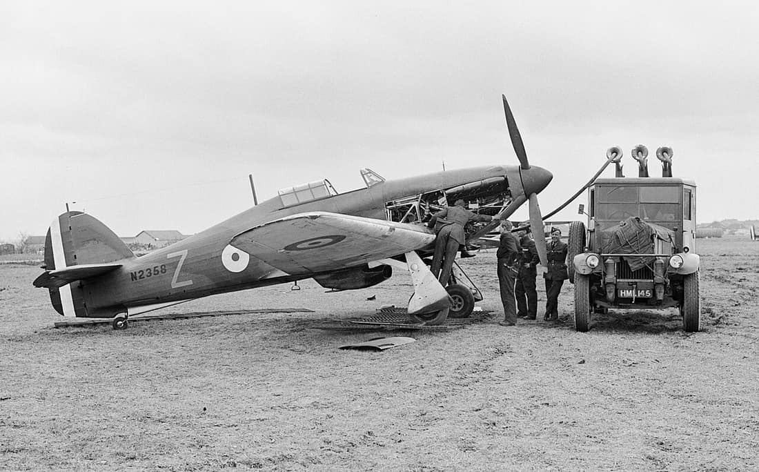 Hawker Hurricane Mark I, N2358 'Z', of No. 1 Squadron RAF is refuelled while undergoing an engine check at Vassincourt.