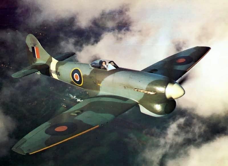 A Royal Air Force Hawker Tempest V Series II (s/n NV696) on a test flight from the Hawker factory Langley, near Slough, on 25 November, 1944. This aircraft went into service with No. 222 Squadron RAF a month later. The a