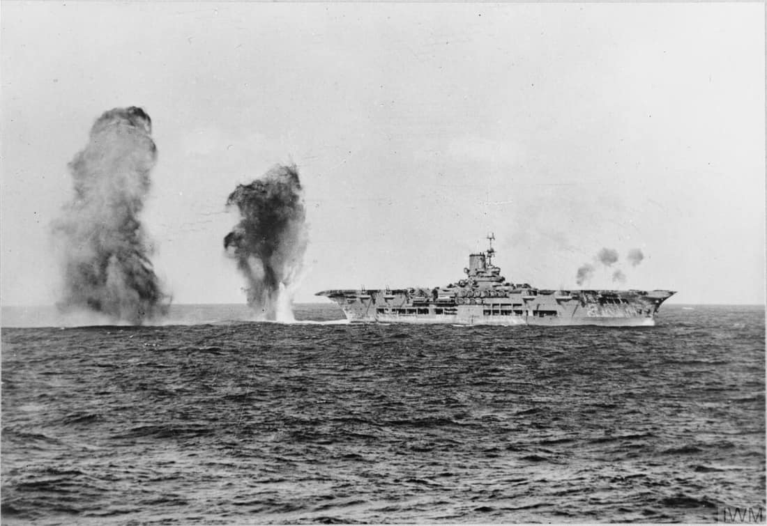 The Royal Navy during the Second World War Bombs falling astern of HMS Ark Royal (91) during an attack by Italian aircraft during the Battle of Cape Spartivento. The photograph was taken from the cruiser HMS Sheffield (C