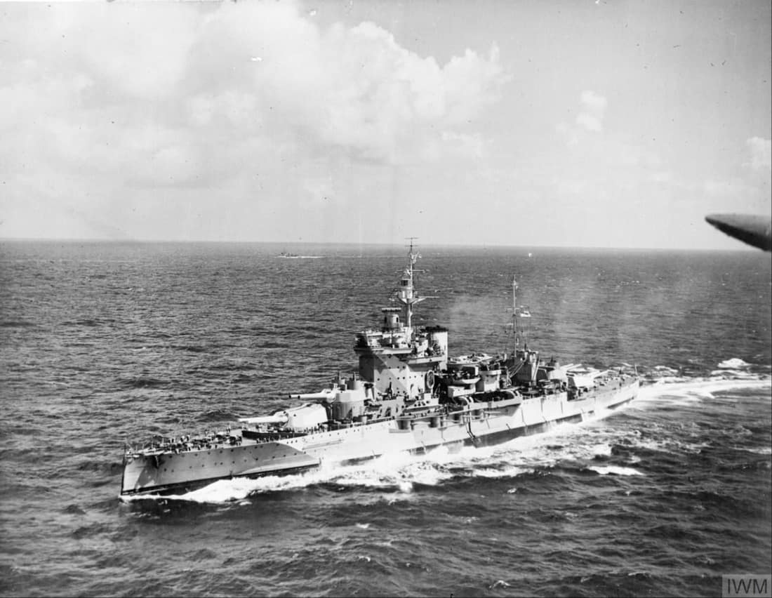 HMS WARSPITE of the Eastern Fleet and Flagship of Admiral Sir James Sommerville, underway in the Indian Ocean.