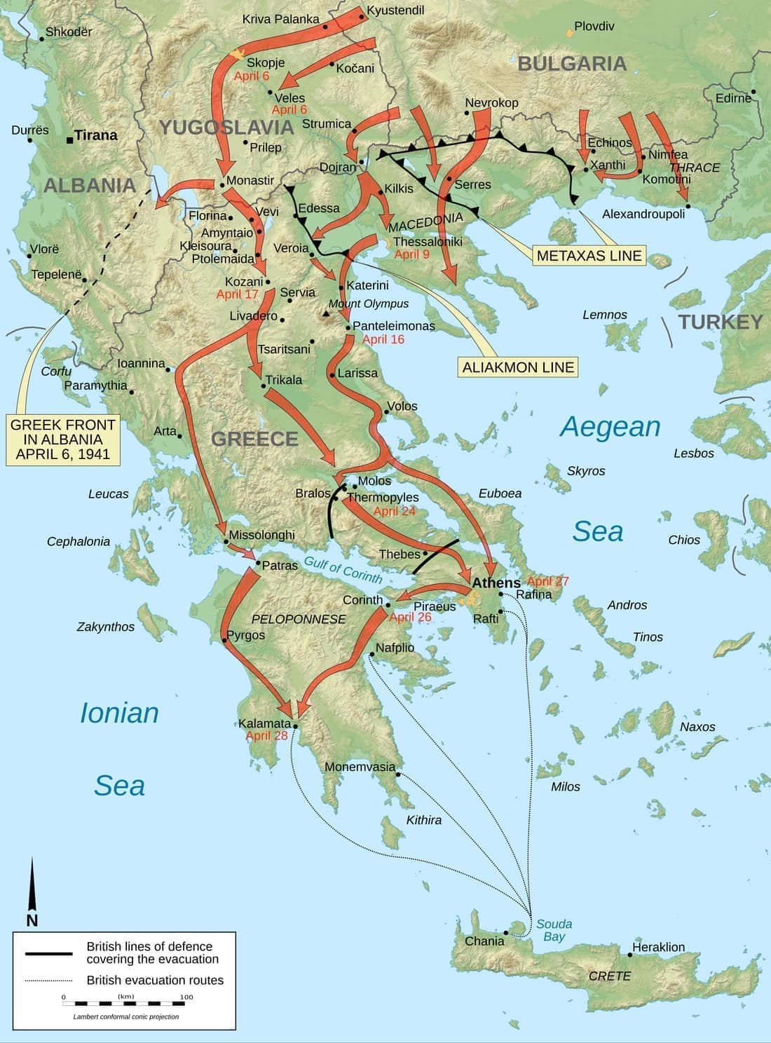 Map in English of the battle of Greece in April 1941 during World War II.