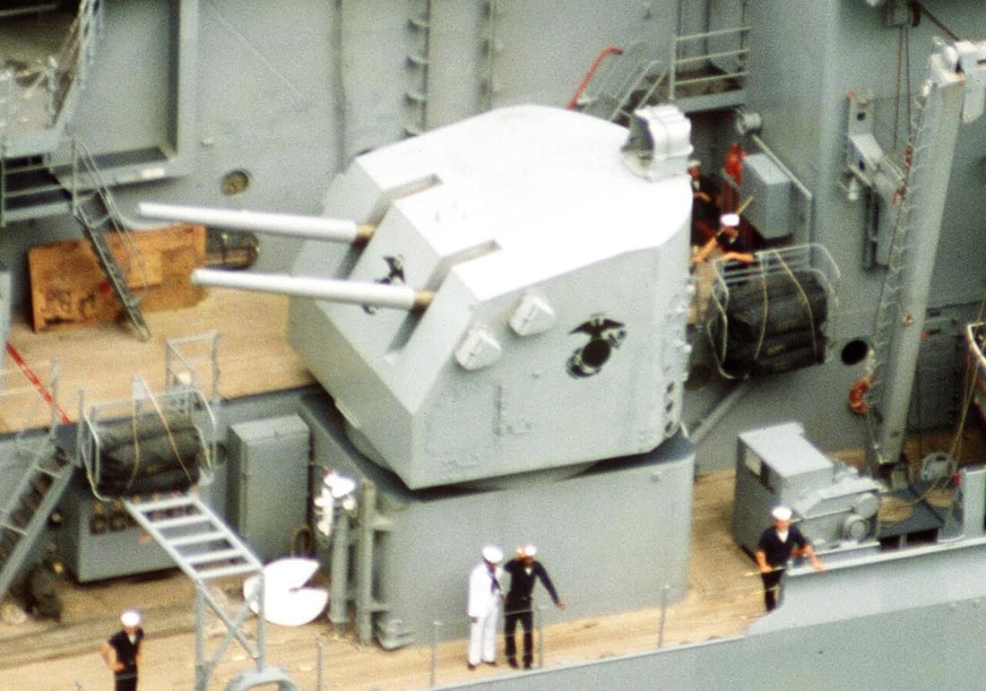 The 5-INCH .38-CALIBER dual gun mount on the starboard side of the USS NEW JERSEY (BB 62) during the battleship's transit across the Continental Divide at the Gaillard Cut.