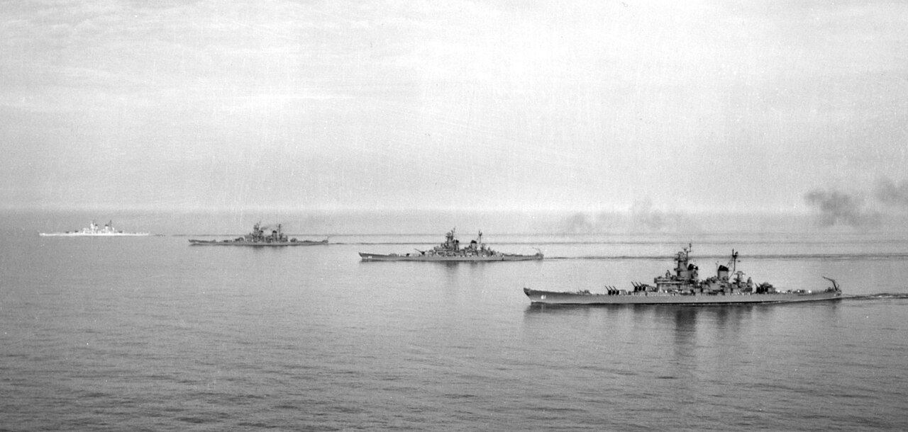 U.S. Navy Battleship Division 2 in line abreast formation, 7 June 1954, in the Virginia Capes operating area, on the only occasion that all four Iowa-class battleships were photographed operating together. The ship close