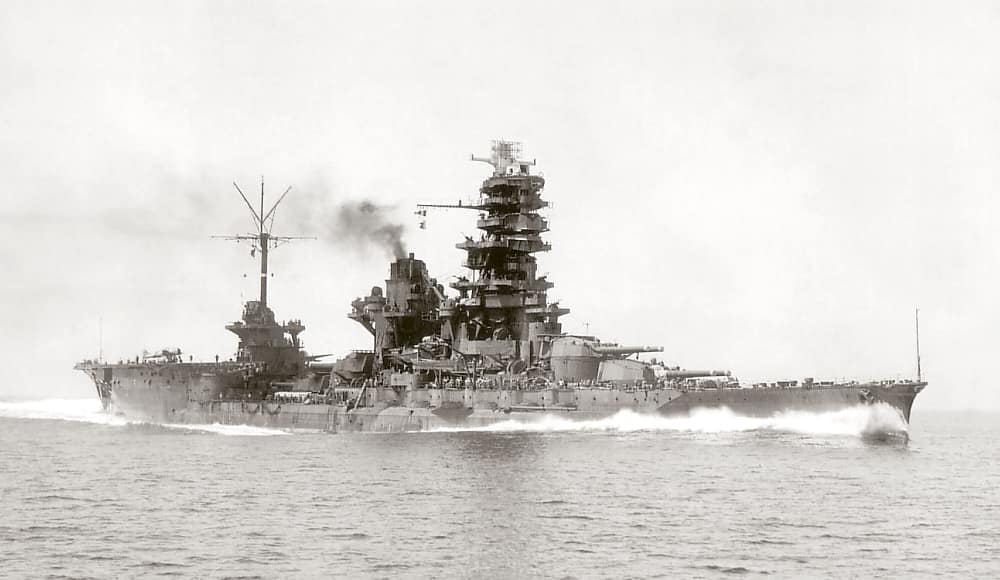 Battleship-carrier Ise after conversion running full power trial on Aug 24, 1943.