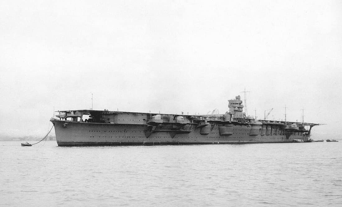 A photo of the construction after the completion Japanese Navy aircraft carrier "Hiryu" in Yokosuka naval port.