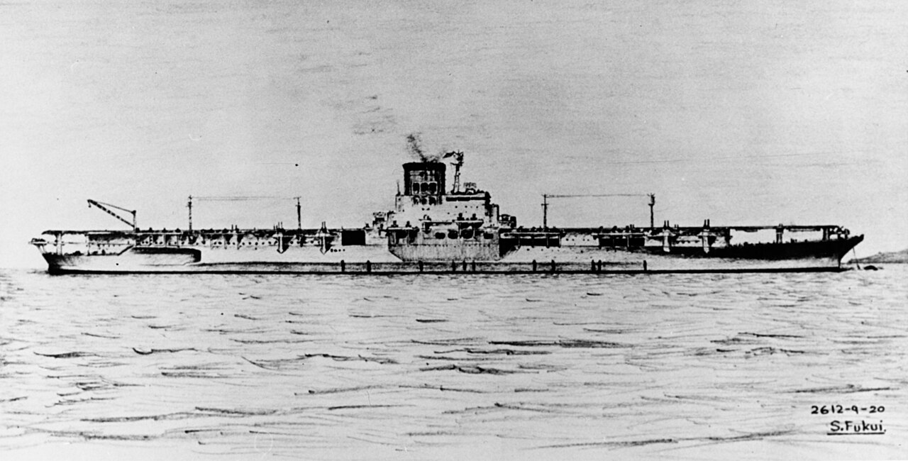 A drawling depicting the Japanese aircraft carrier Shinano upon commissioning, done by the Imperial Japanese Navy photographer Shizuo Fukui