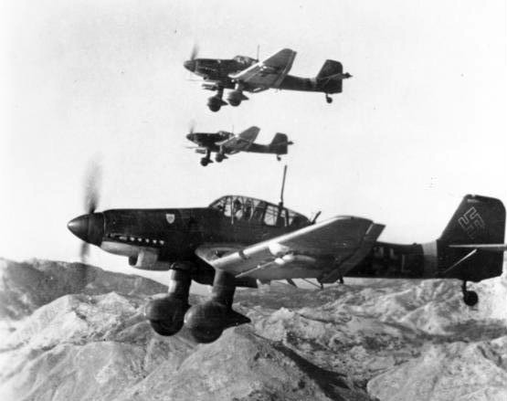 Three German Junkers Ju 87D dive bombers, Stuka, over Yugoslavia, in October 1943. SG 3 (Fighter-Bomber Wing 3) operated in the Mediterranean region at that time.