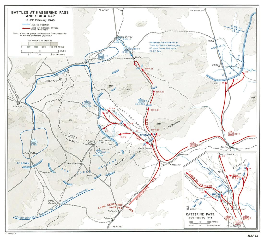 Bataille de Kasserine Carte insérée dans US Army in World War II - Northwest Africa - Seizing the Initiative in the West