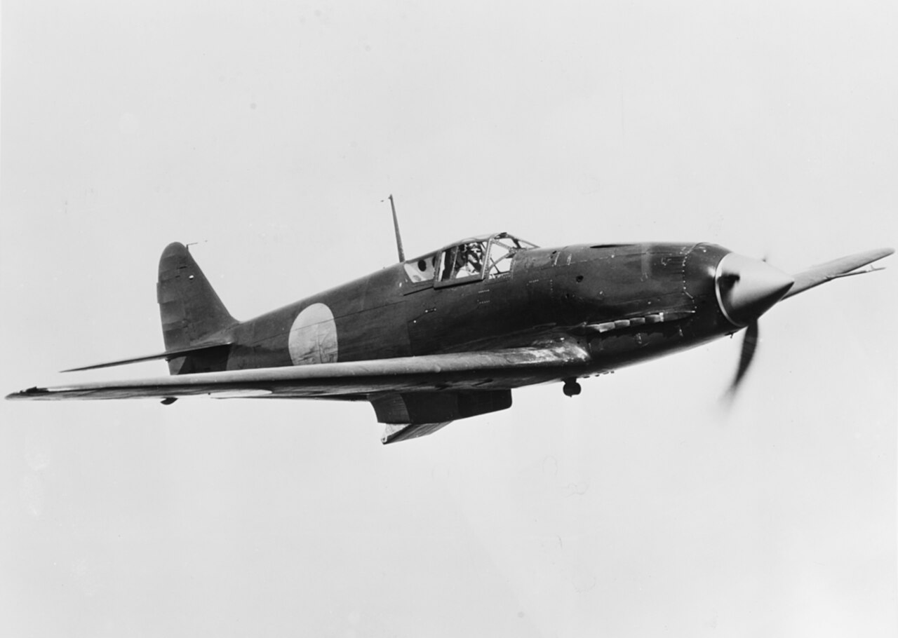 A captured Japanese Kawasaki Ki-61 fighter tested by the U.S. Navy Naval Air Test Center Patuxent River, Maryland (USA), in June 1945.