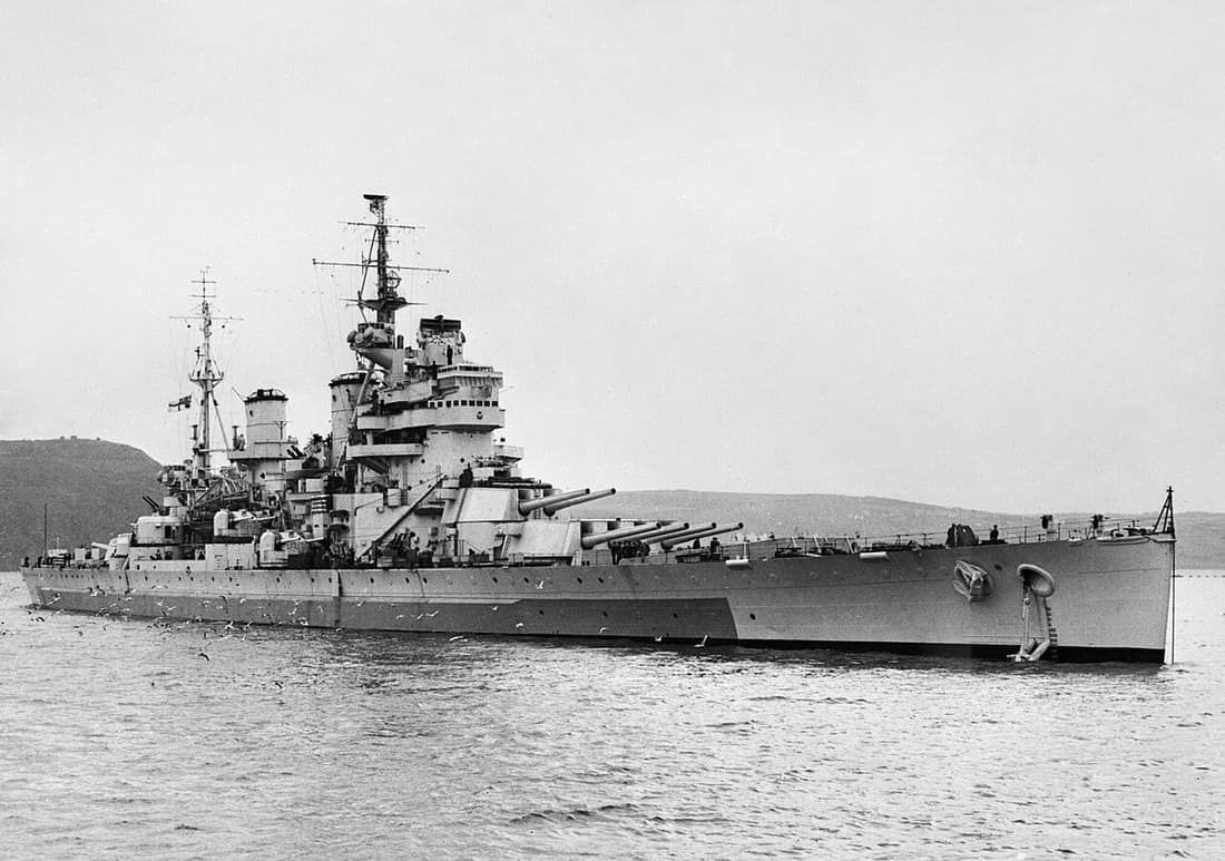 The Royal Navy battleship HMS Anson (79) underway at Devonport.