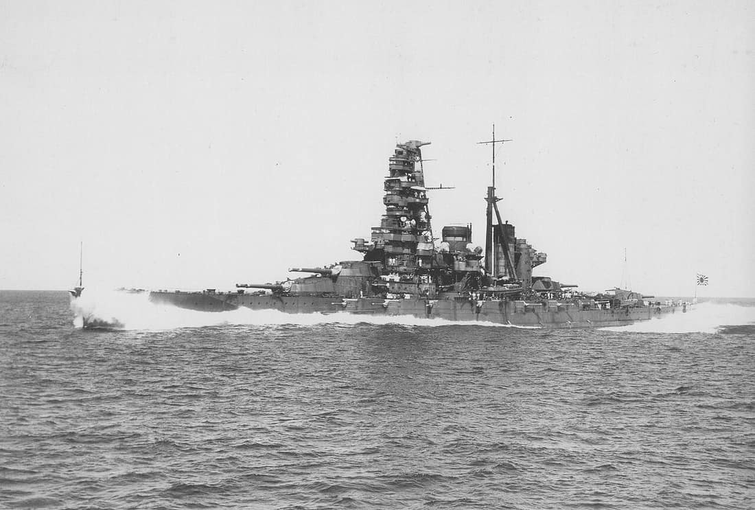 Imperial Japanese Navy battleship Haruna undergoes trials after her second reconstruction.