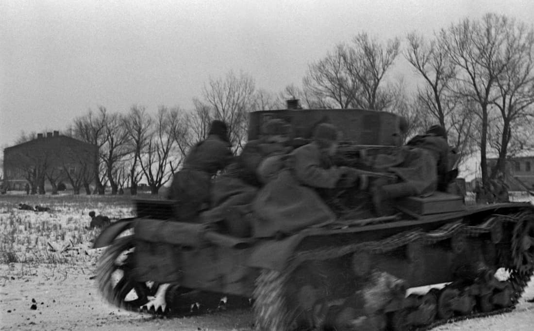 “Tank assault force in Korsun-Shevchenkovski region”. The Great Patriotic War of 1941-1945. Tank assault force on T-26 in Korsun-Shevchenkovski region. 1944.