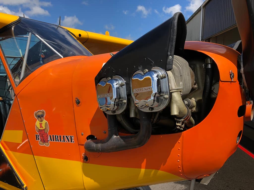 1944 Piper Cub J-3C-65 HB-OUE with rare Rolls Royce O-200A 100hp engine. Flugplatz Fricktal Schupfart aerodrome LSZI, Switzerland.