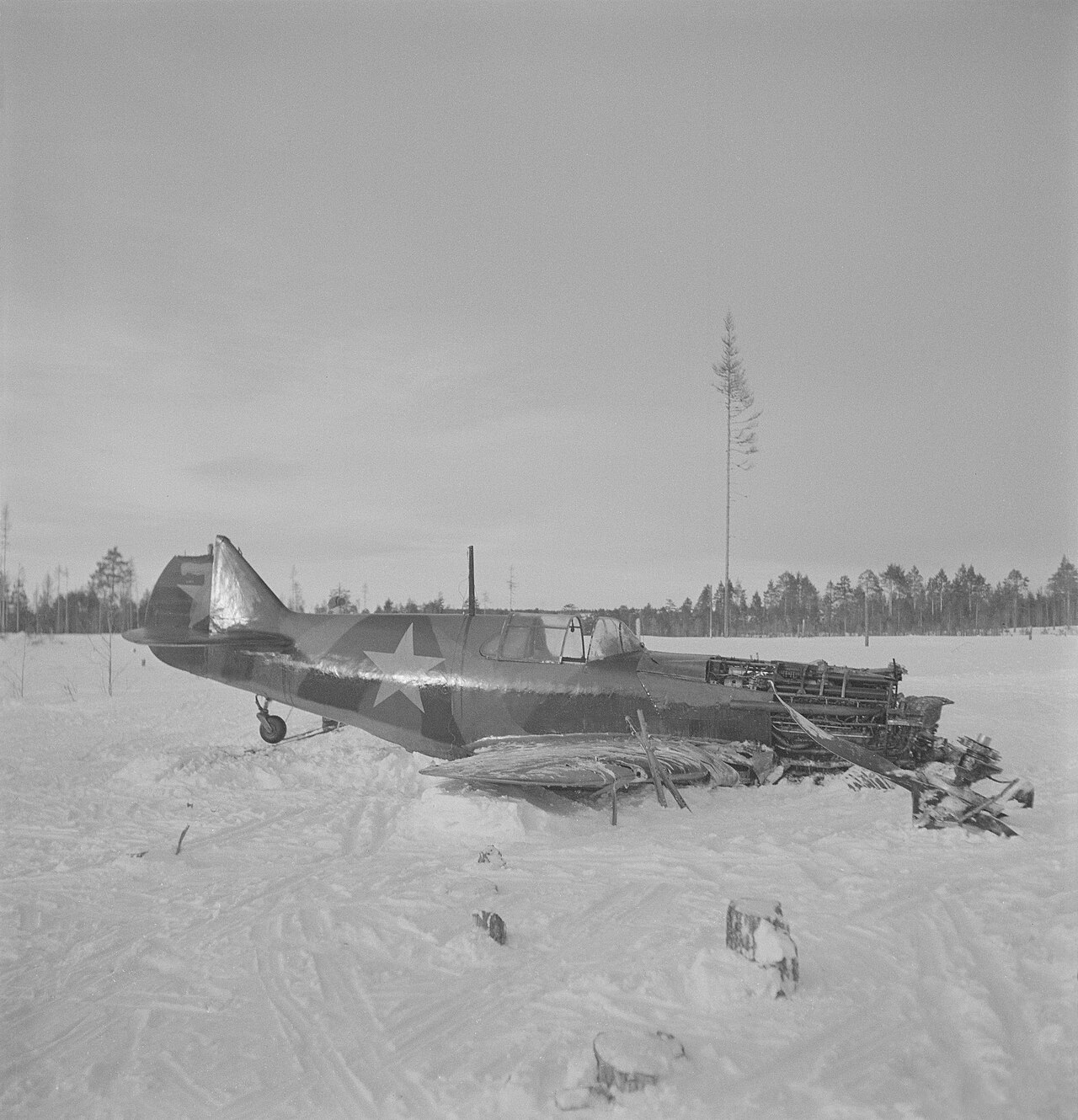Ilmatorjunnan pudottama ryssän hävittäjä Nurmoilan metsässä. Kone oli melko hyvässä kunnossa. (Kuvassa on Lavotskin LaGG-3). Kuvauspaikka: Nurmoila