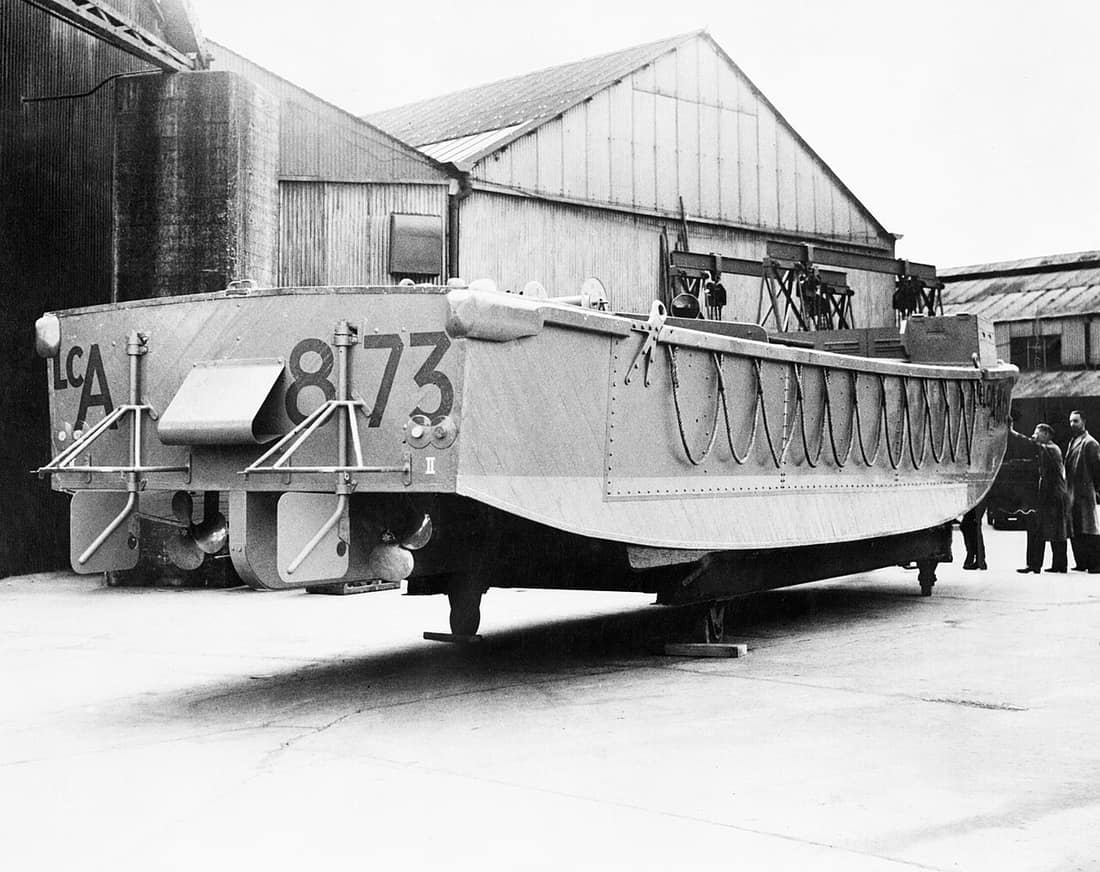 A newly-completed LCA (assault landing craft) ready for launching, 1942. An LCA built at Messrs Harris Lebus ready for launching.